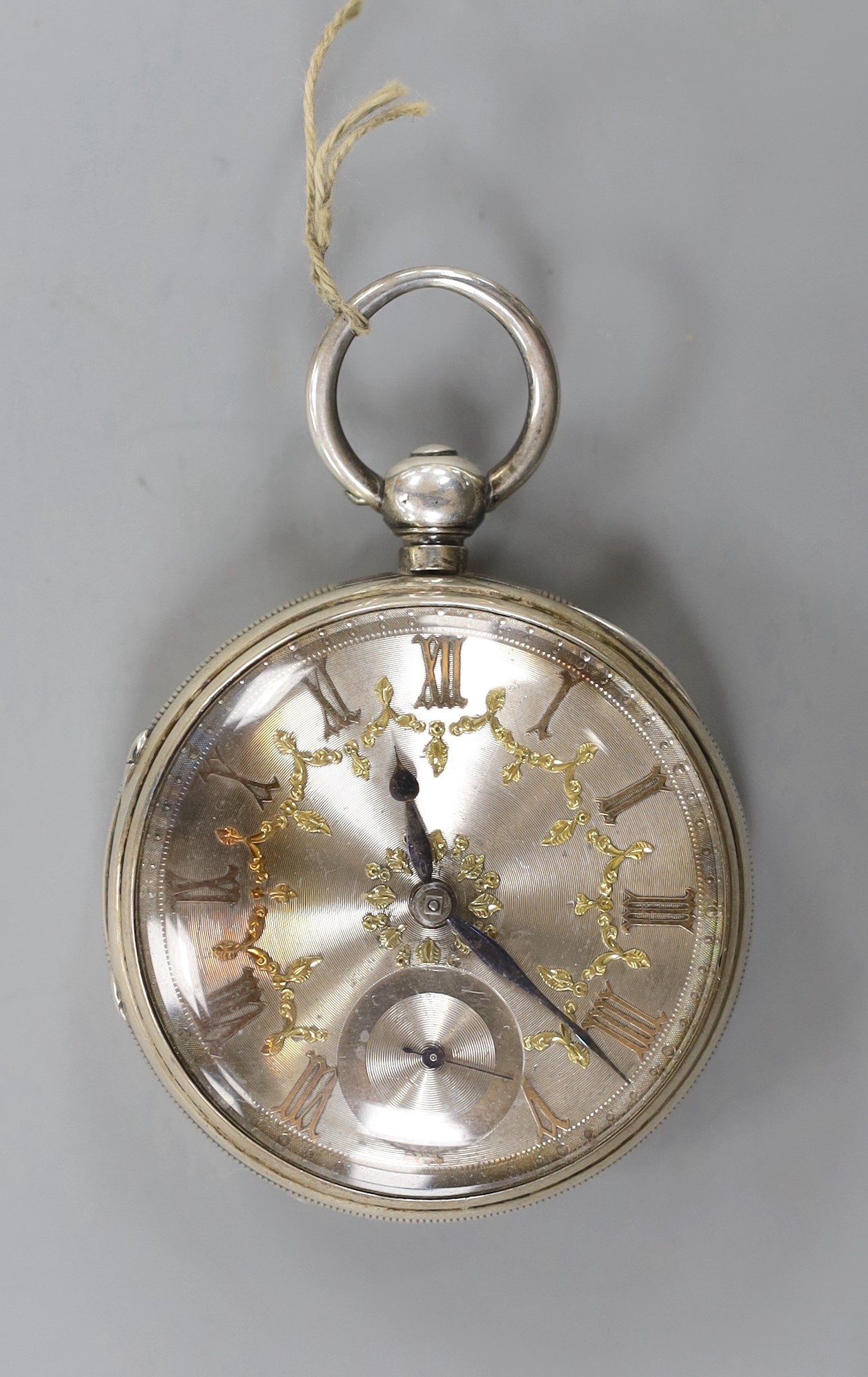 A Victorian silver keywind fusee open face pocket watch, the silvered dial with gilt Roman numerals and subsidiary seconds, case diameter 54mm.